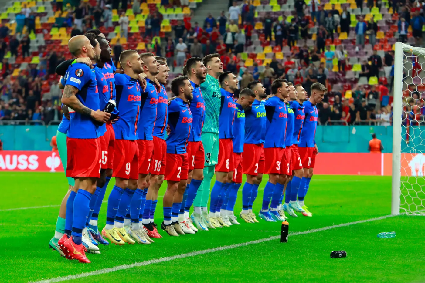 (240927) -- BUCHAREST, Sept. 27, 2024 (Xinhua) -- FCSB's players celebrate victory after a UEFA Europa League match between FCSB and FK RFS in Bucharest, Romania, Sept. 26, 2024. (Photo by Cristian Cristel/Xinhua)   - Photo by Icon Sport